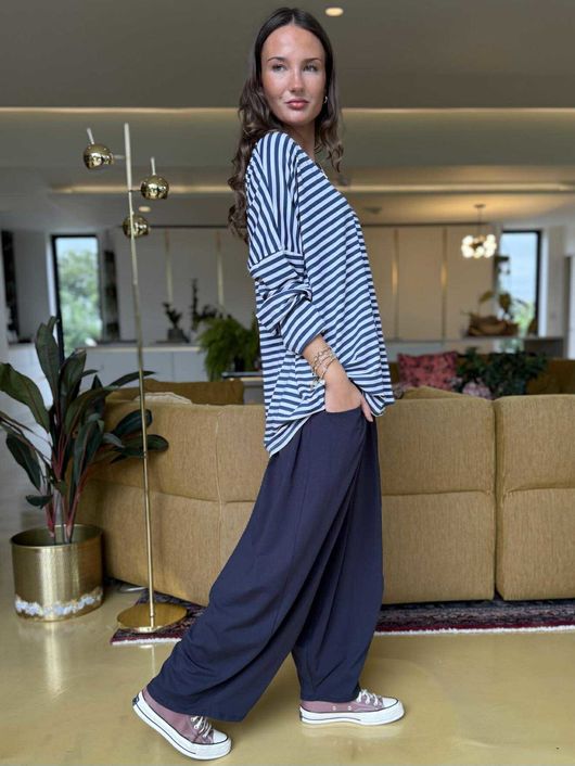 Made in Italy Perfect Breton V Long Sleeve Top Dark Denim - ** 